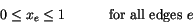\begin{displaymath}{
}
0 \leq x_e \leq 1 \mbox{\hspace{.45in} for all edges $e$}
\hspace{1.15in}
\end{displaymath}