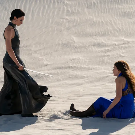 Natasha O'Keeffe as Lanfear and Rosamund Pike as Moiraine Damodred in season three of "The Wheel of Time"